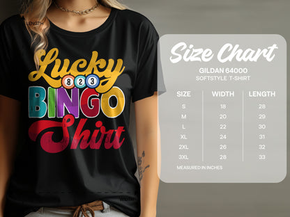 T-shirt with "Lucky BINGO Shirt" graphic and size chart.