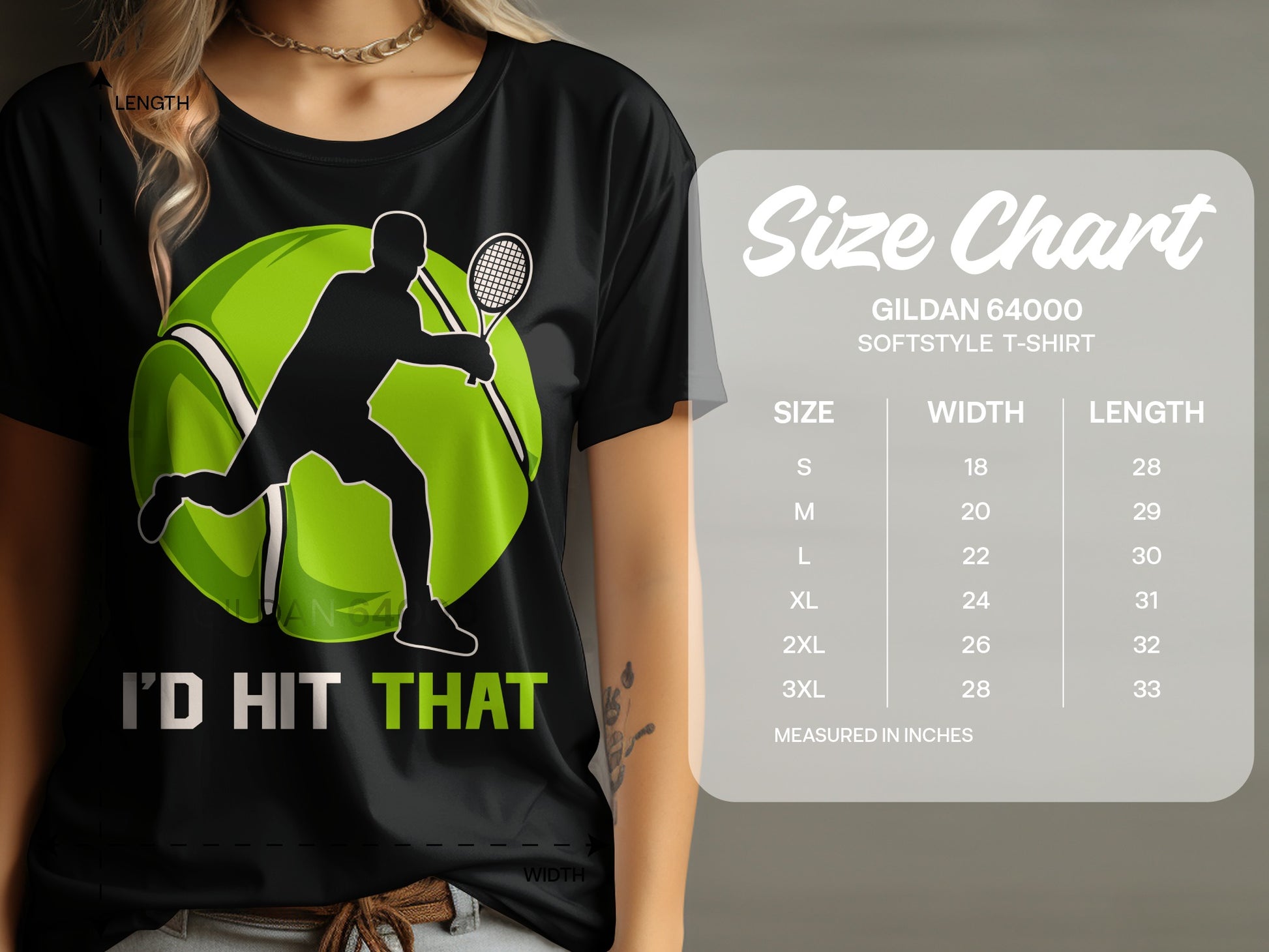 Black t-shirt with tennis player silhouette and "I'D HIT THAT" text, plus size chart.