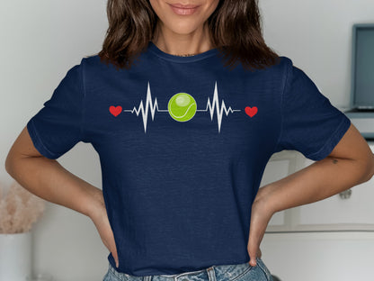 Navy t-shirt with tennis ball heartbeat design and red hearts.