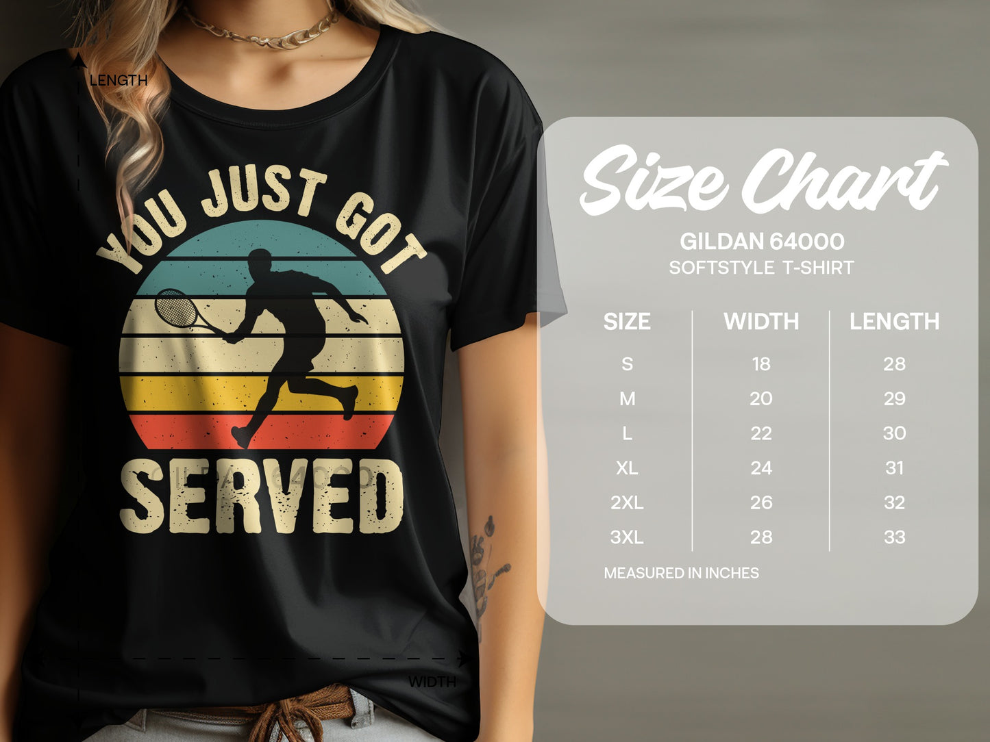 Black t-shirt with "You Just Got Served" graphic and size chart.