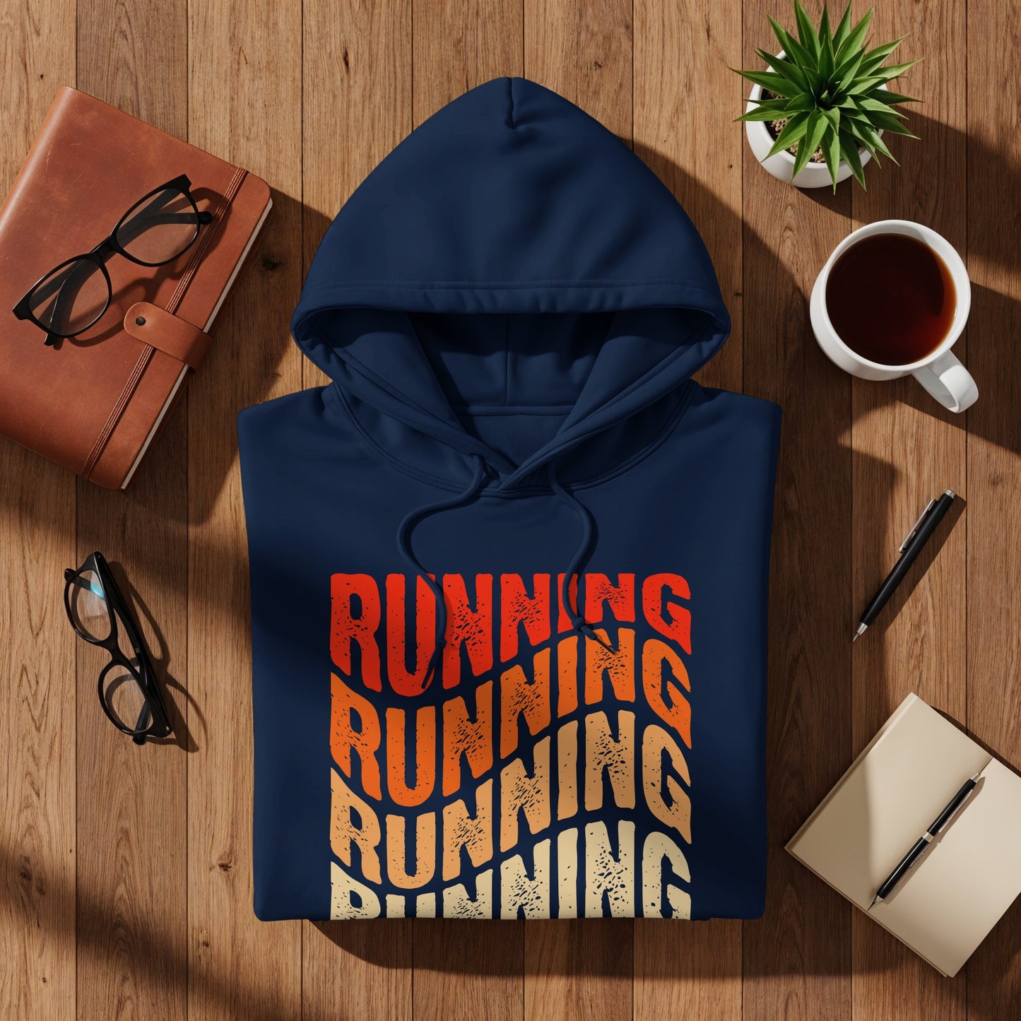 Navy blue hoodie with "RUNNING" text in orange, yellow, and red waves.