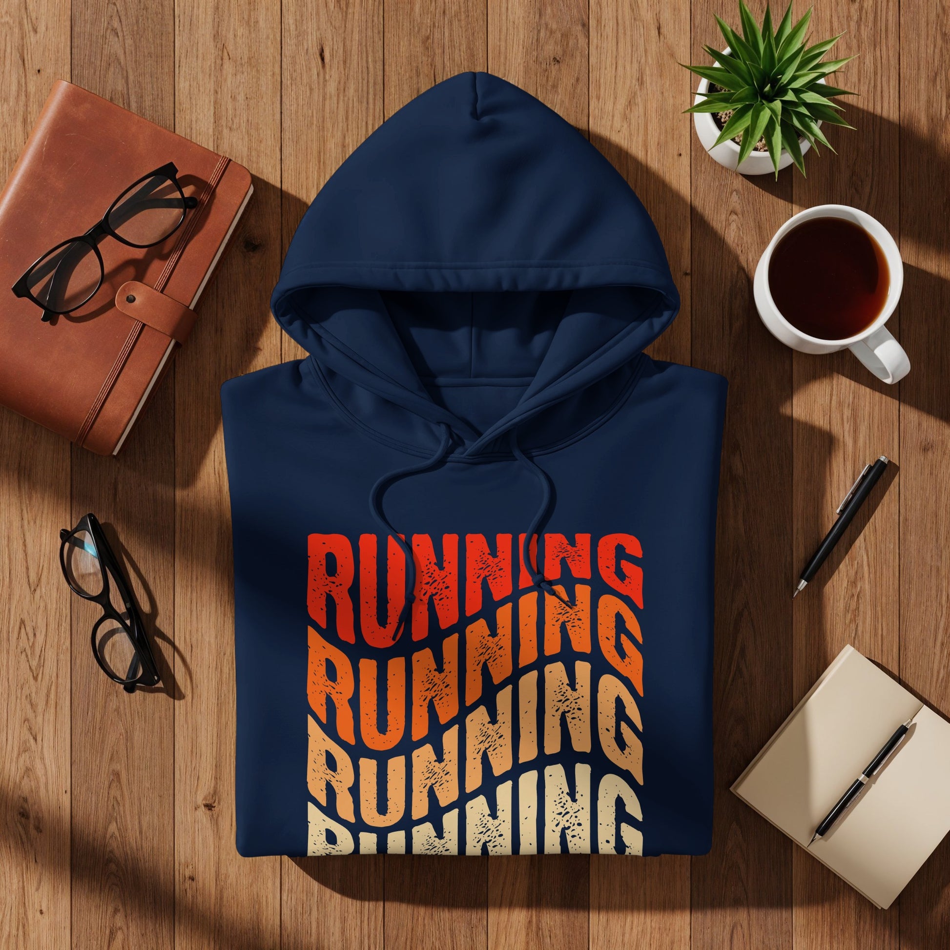 Navy blue hoodie with "RUNNING" text in orange, yellow, and red waves.