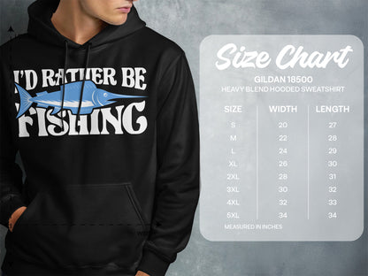 Hooded sweatshirt with "I'd Rather Be Fishing" graphic and size chart.