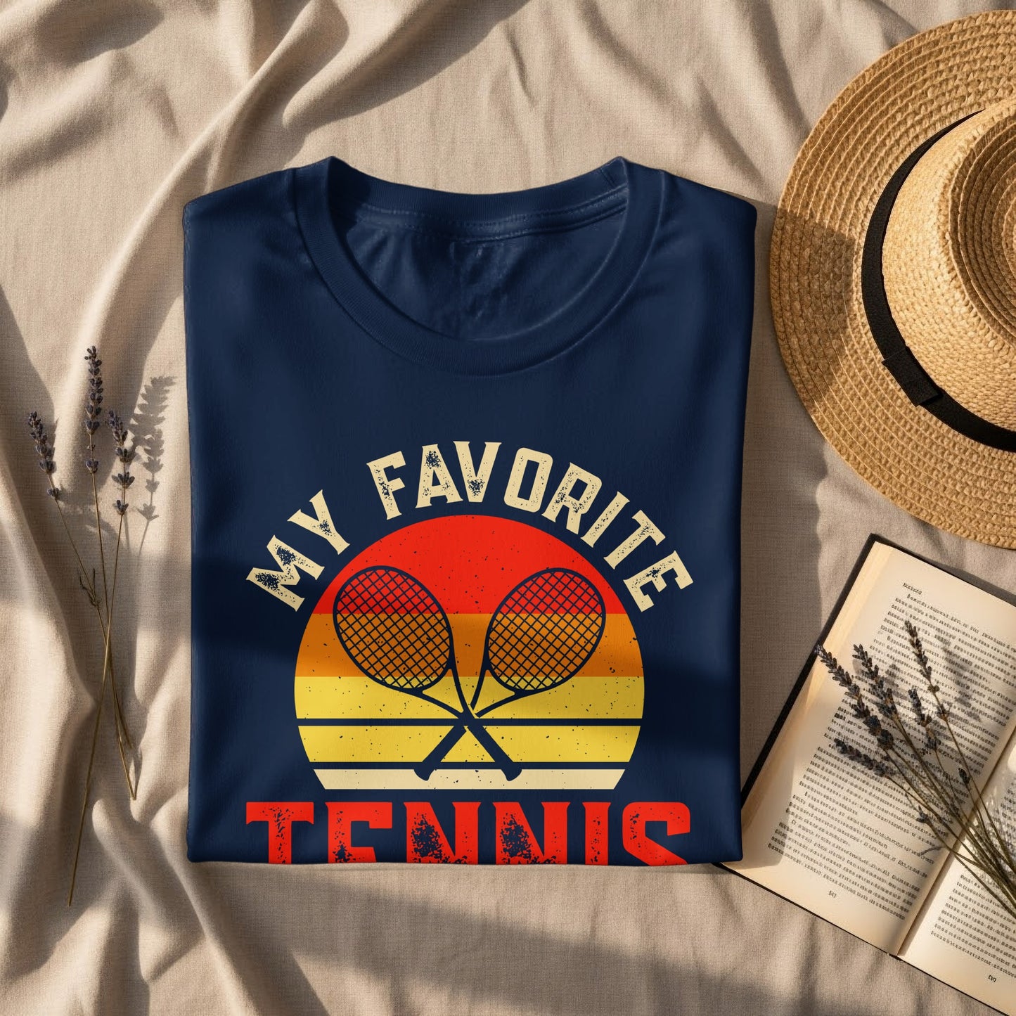 Navy t-shirt with "MY FAVORITE TENNIS" text and crossed racquets.