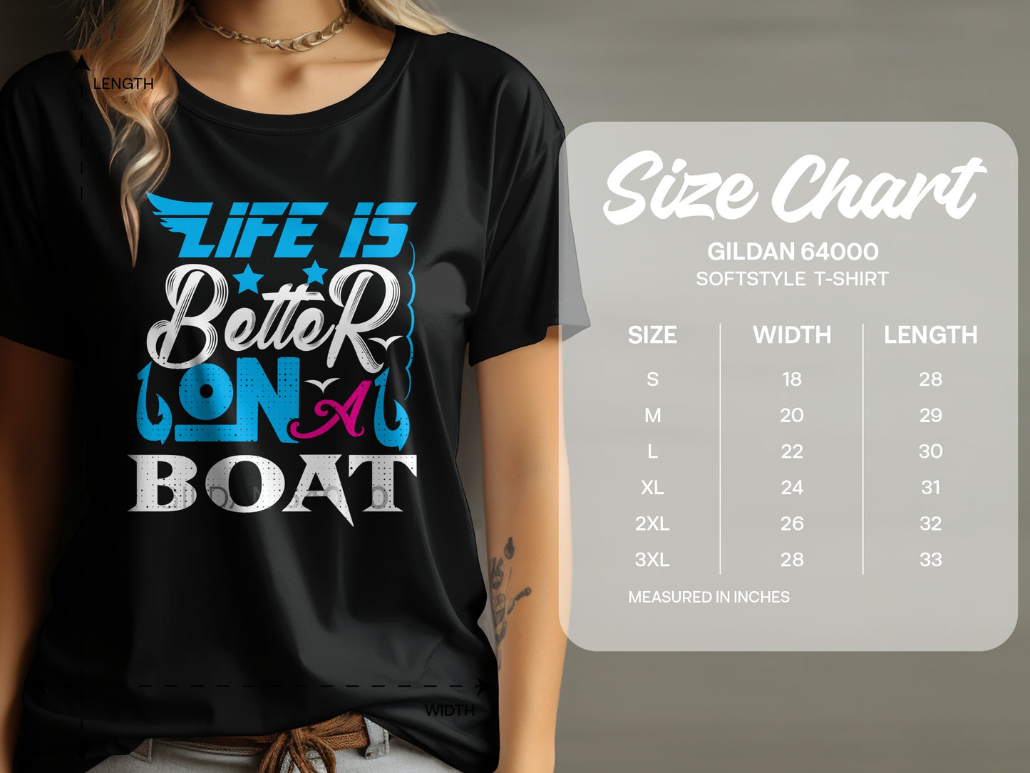 Black t-shirt with "Life is Better on a Boat" graphic and size chart.