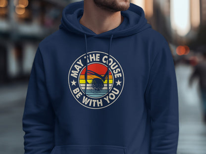 Navy hoodie with a circular graphic featuring a golf ball and the text "May the course be with you."