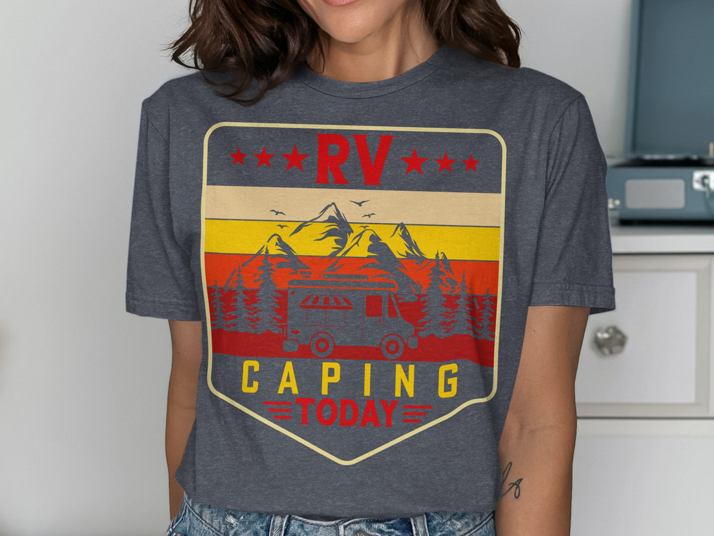 RV camping graphic t-shirt with mountains and trees.