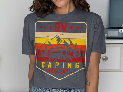 RV camping graphic t-shirt with mountains and trees.