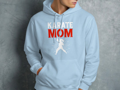 Light blue hoodie with "KARATE MOM" text and a silhouette of a martial artist.