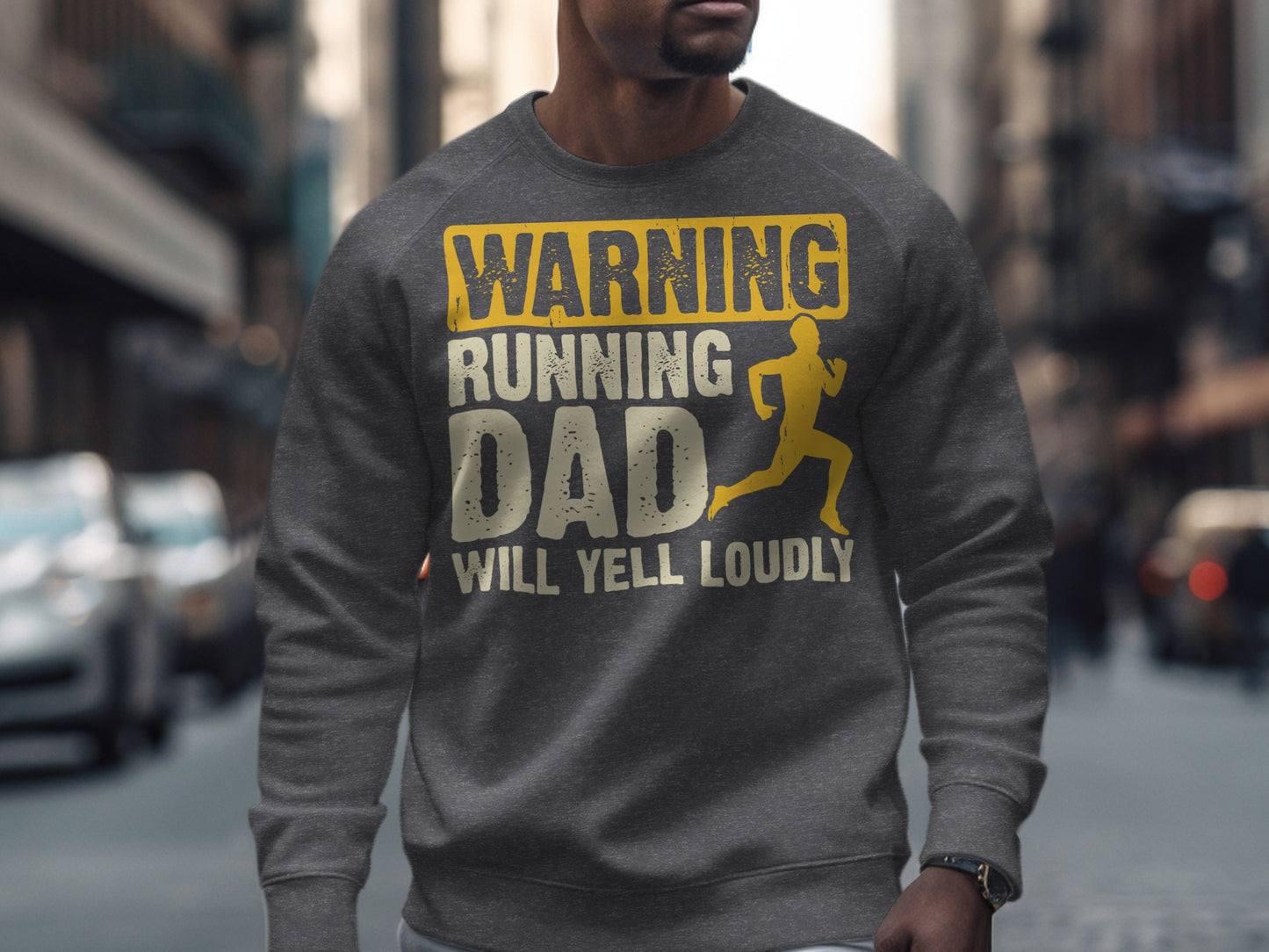 Grey sweatshirt with "WARNING RUNNING DAD WILL YELL" text and runner graphic.