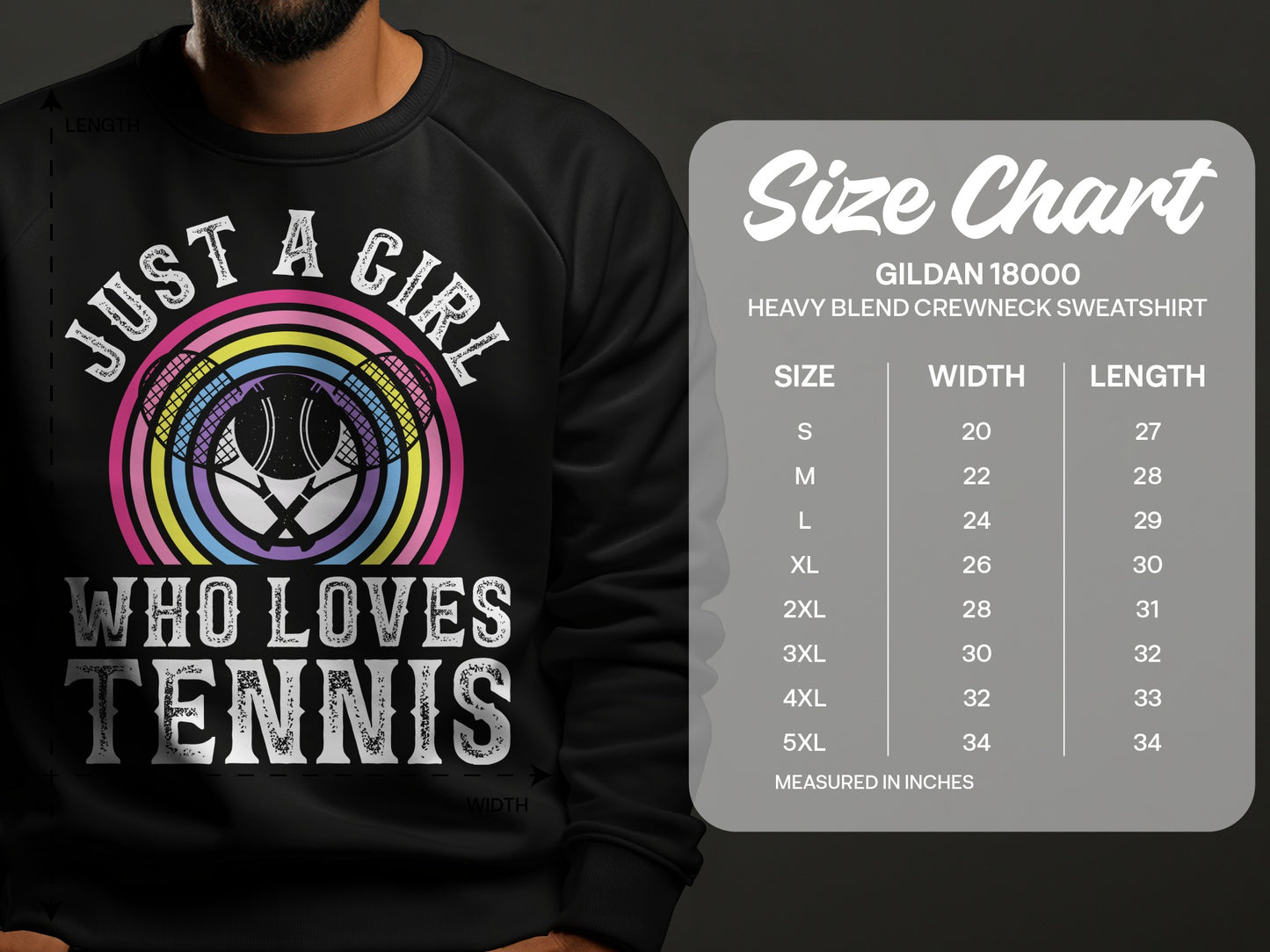 Gildan 18000 sweatshirt size chart and "Just a girl who loves tennis" graphic.