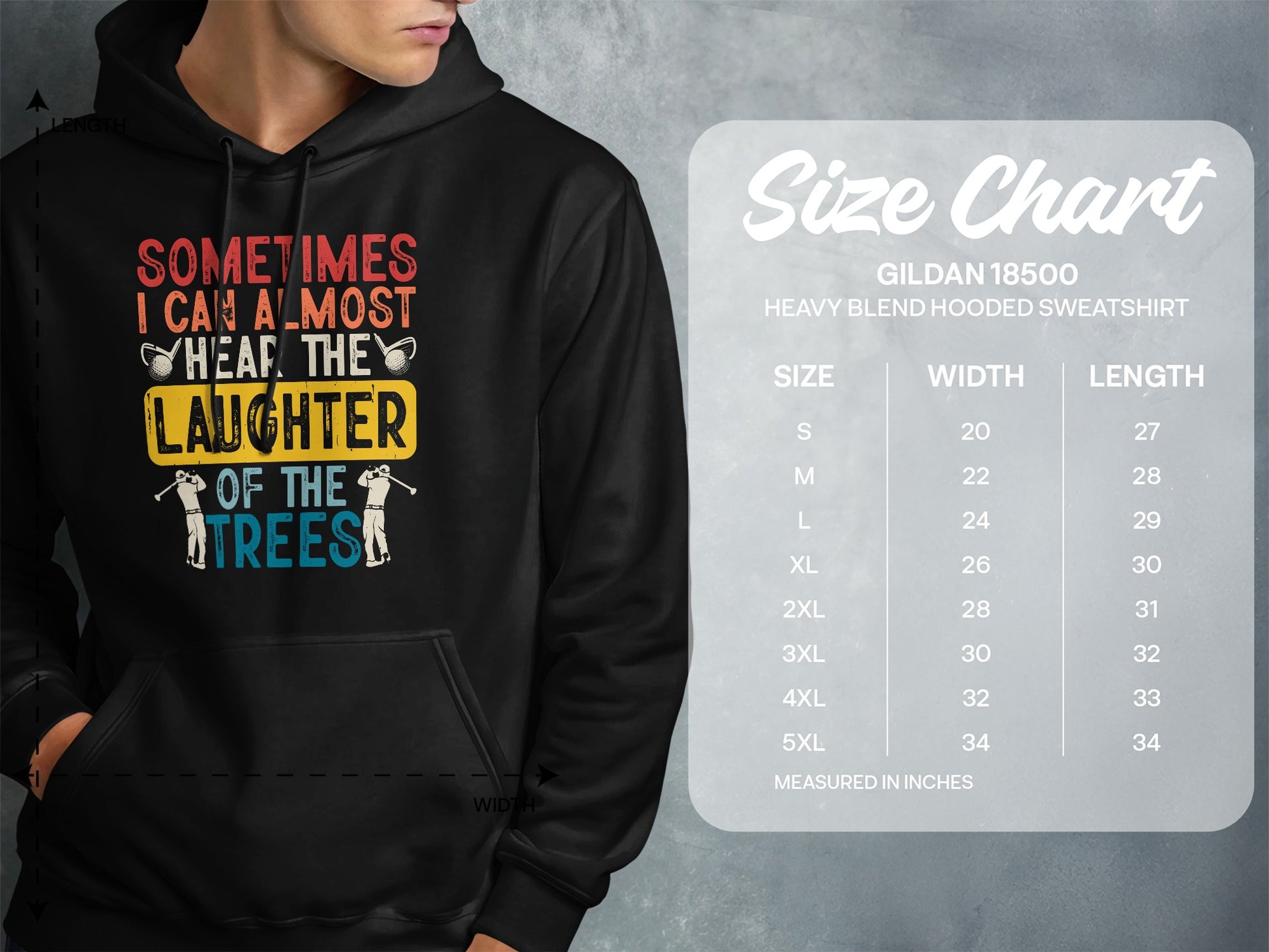 Hooded sweatshirt with "Sometimes I can almost hear the laughter of the trees" graphic and size chart.