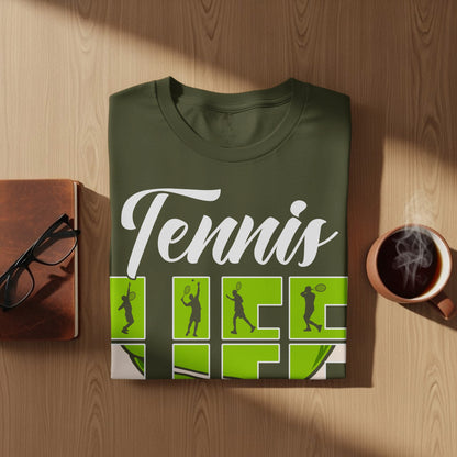 Green t-shirt with "Tennis Life" and silhouette graphics.