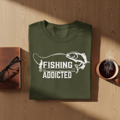 Olive green t-shirt with "FISHING ADDICTED" text and a fish graphic.