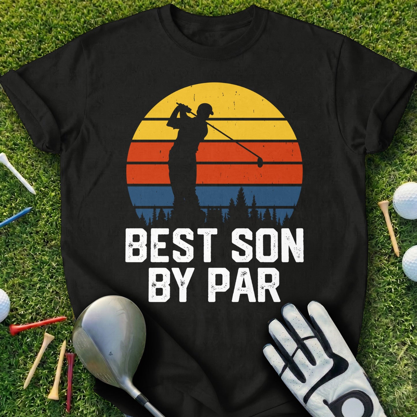 Black t-shirt with "BEST SON BY PAR" and a golfer silhouette against a sunset.