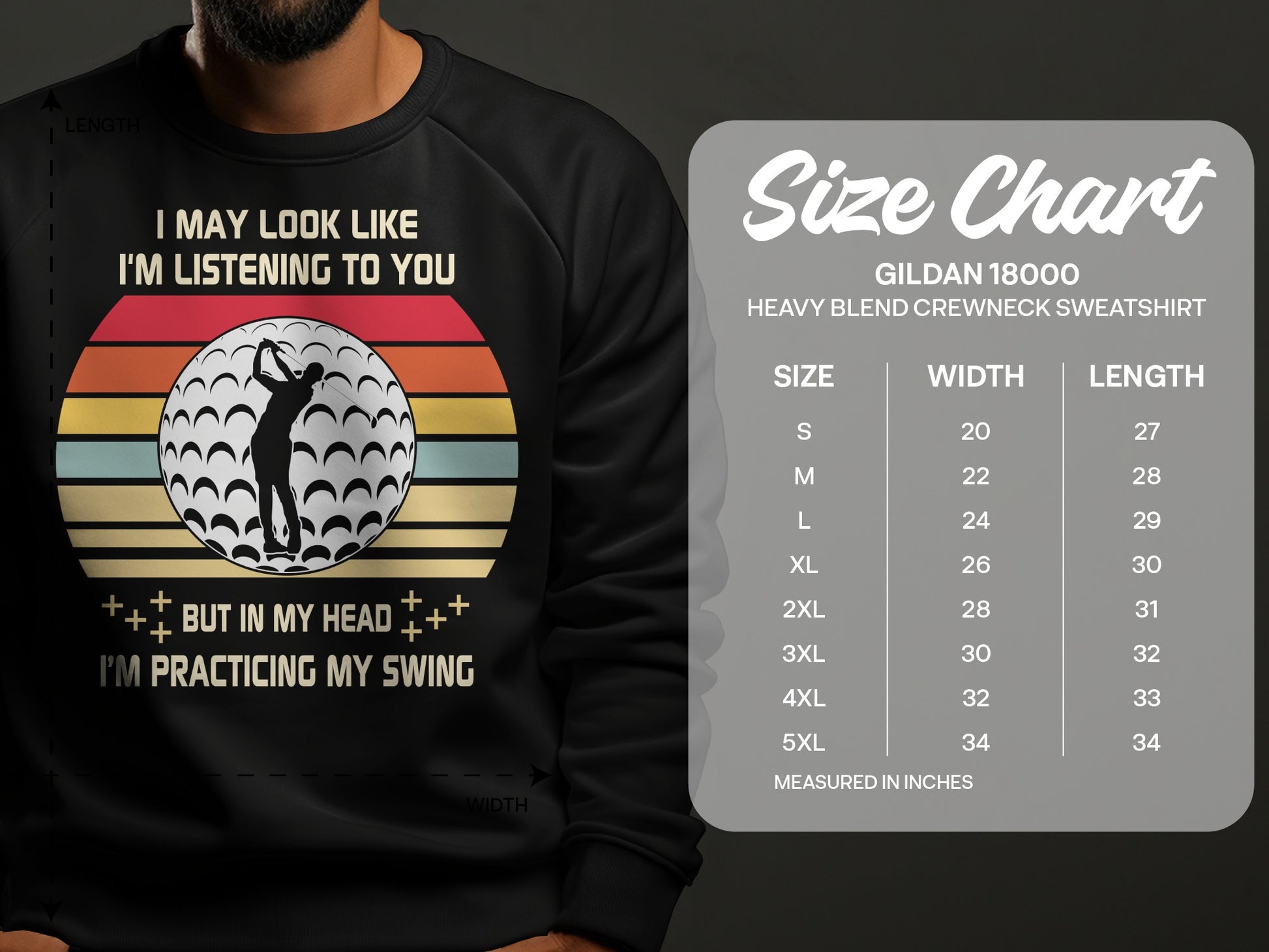 Black crewneck sweatshirt with golf graphic and size chart.