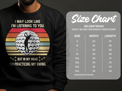 Black crewneck sweatshirt with golf graphic and size chart.
