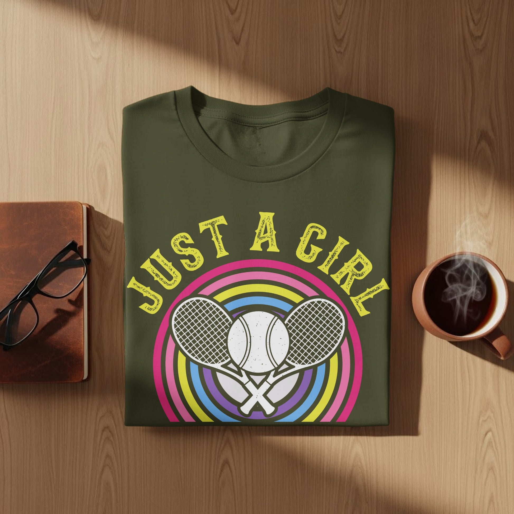 Olive green t-shirt with "JUST A GIRL" and tennis racquets and balls over rainbow circles.
