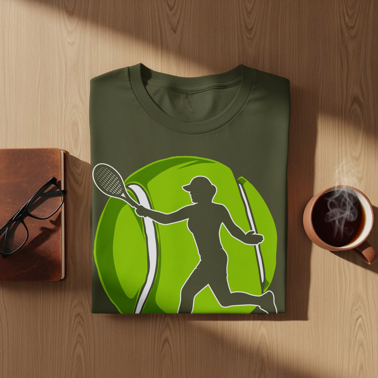 Green t-shirt with tennis player silhouette against large tennis ball.
