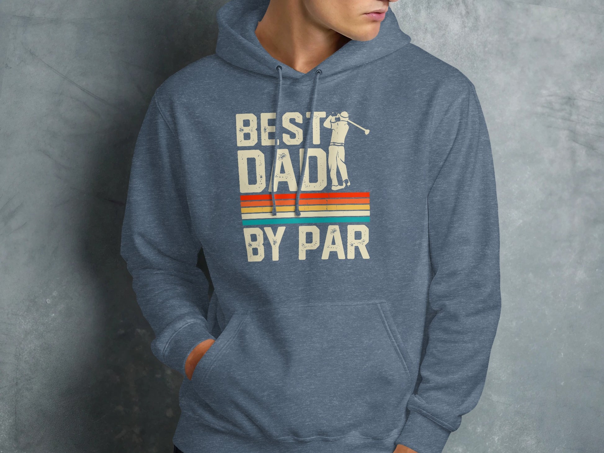 Blue hoodie with "BEST DAD BY PAR" text and golf graphic.