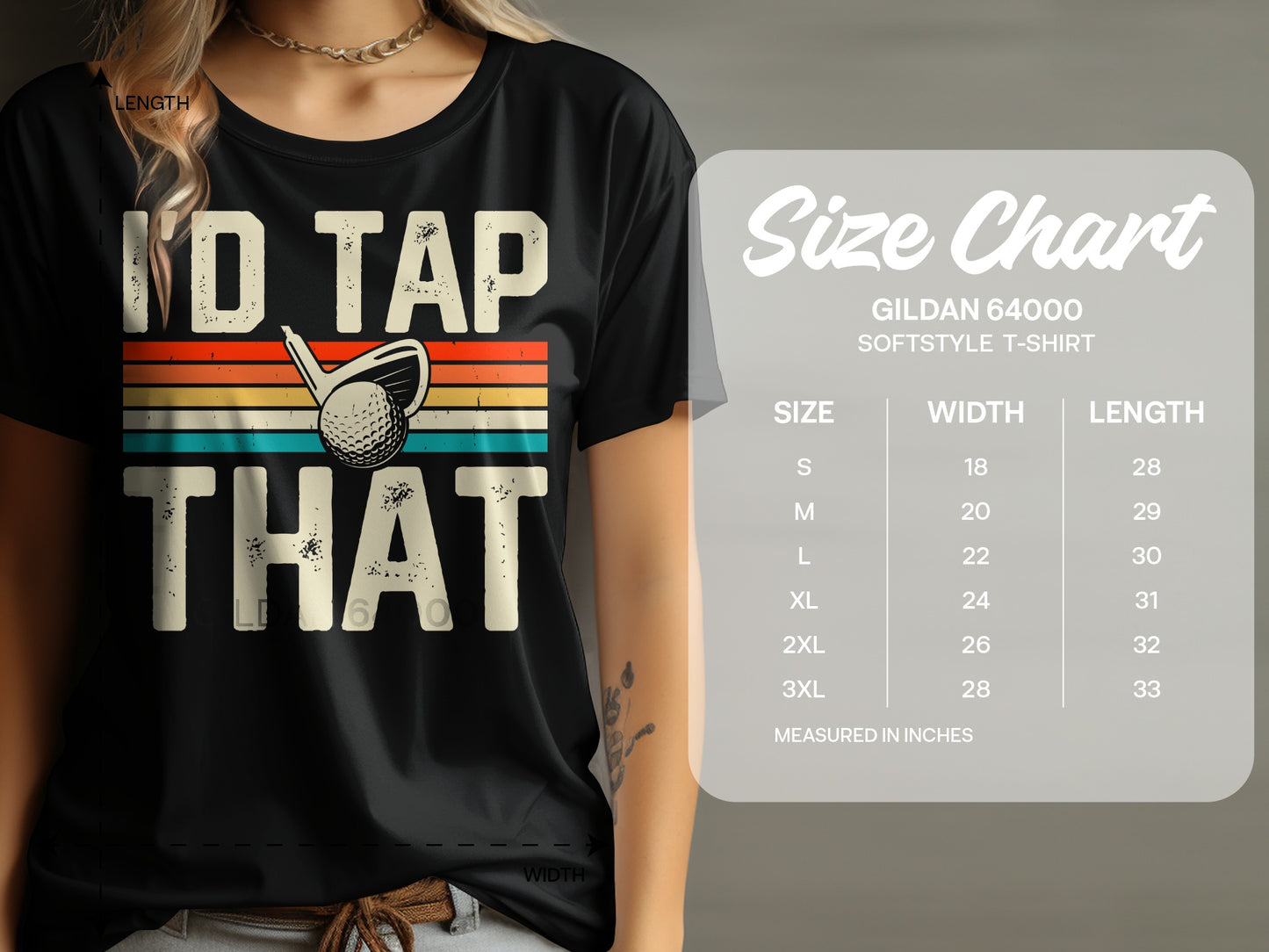 Black t-shirt with "I'd Tap That" text and golf ball. Includes size chart.