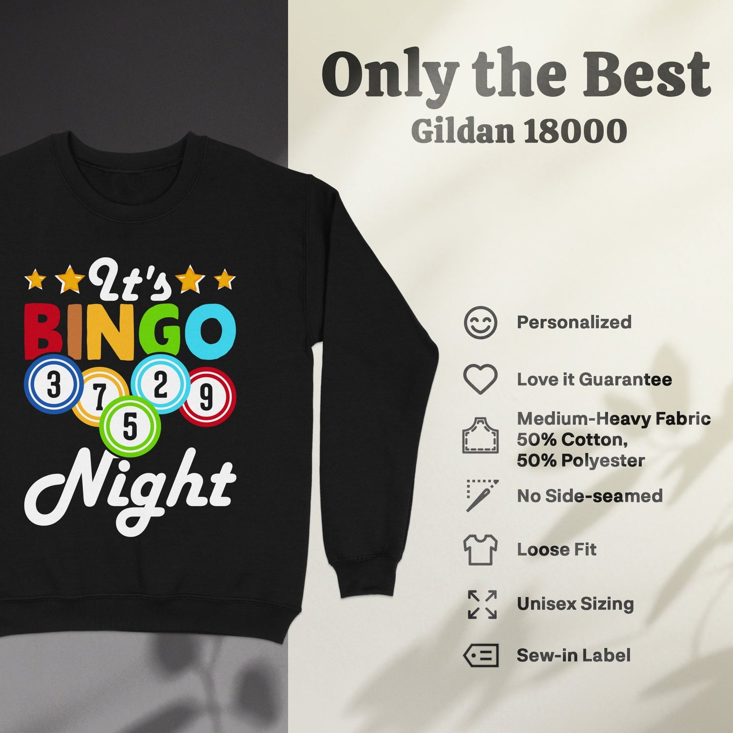 Black Gildan 18000 sweatshirt with "It's BINGO Night" text and Bingo balls.