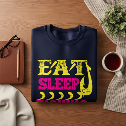 Navy sweatshirt with "Eat Sleep" and fishing hook graphic.