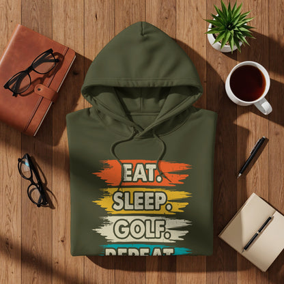 Olive green hoodie with "Eat. Sleep. Golf. Repeat." text design.