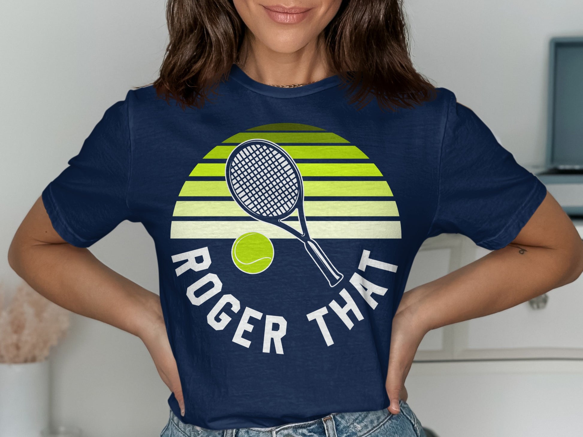 Navy t-shirt with tennis racket, ball, and "ROGER THAT" text.