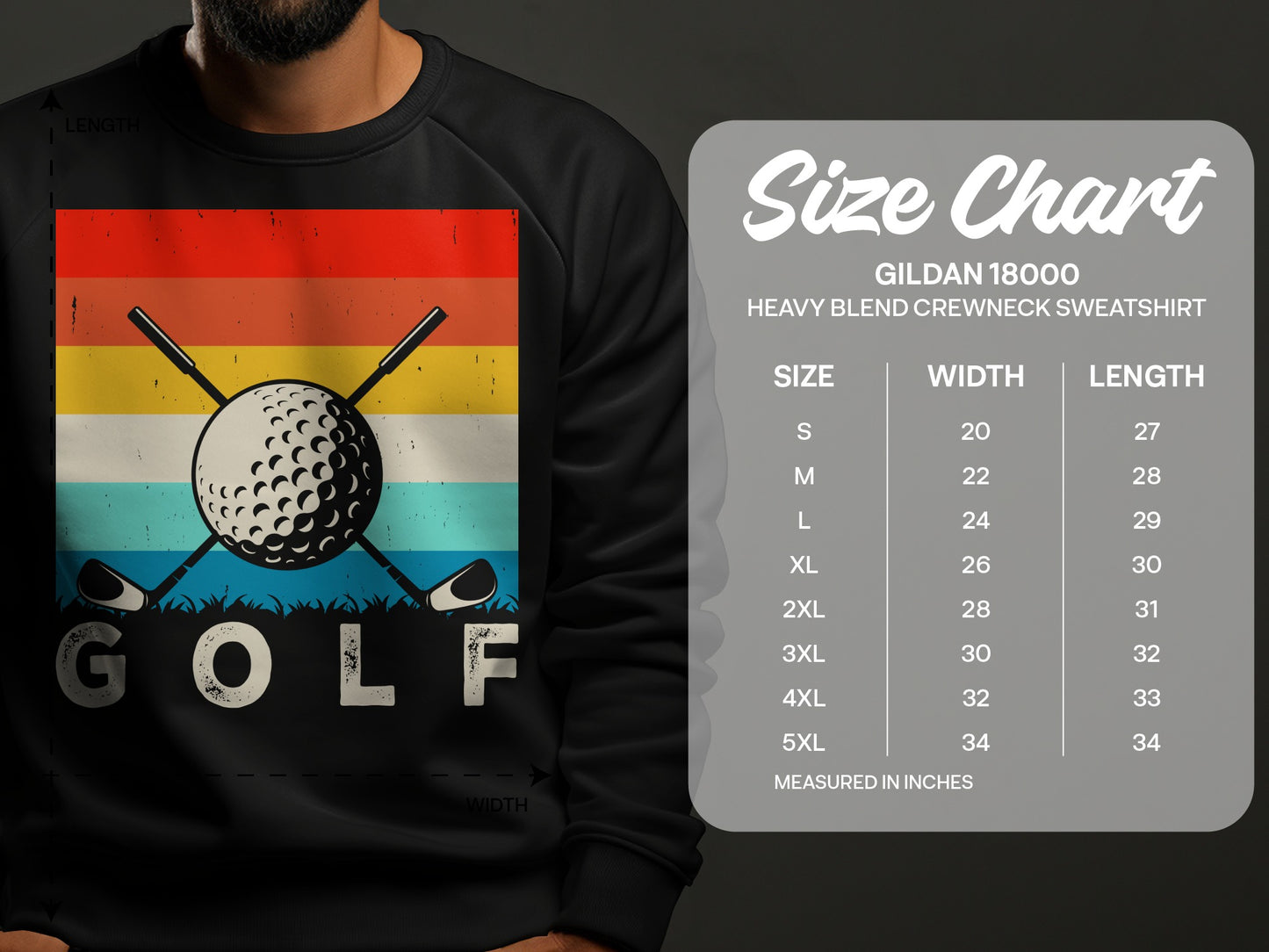 Gildan 18000 sweatshirt size chart with golf graphic.