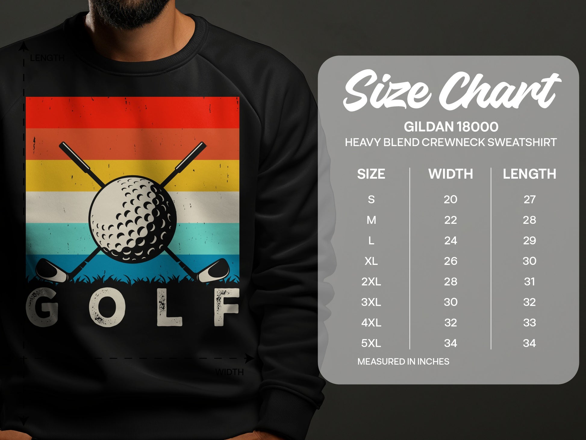 Gildan 18000 sweatshirt size chart with golf graphic.