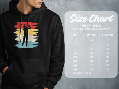 Gildan 18500 hooded sweatshirt size chart showing width and length measurements.