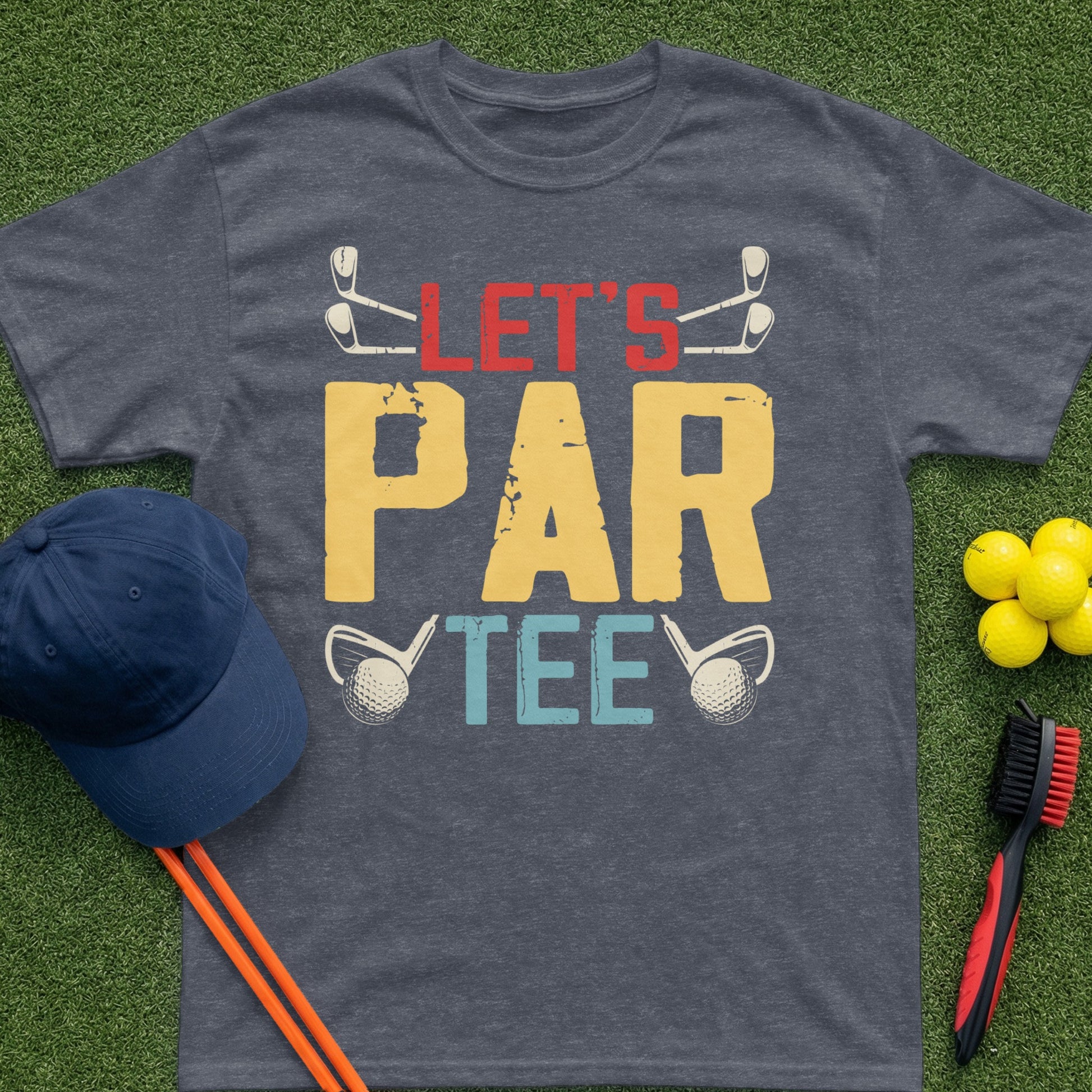 Golf t-shirt with "Let's Par Tee" text and golf club graphics.