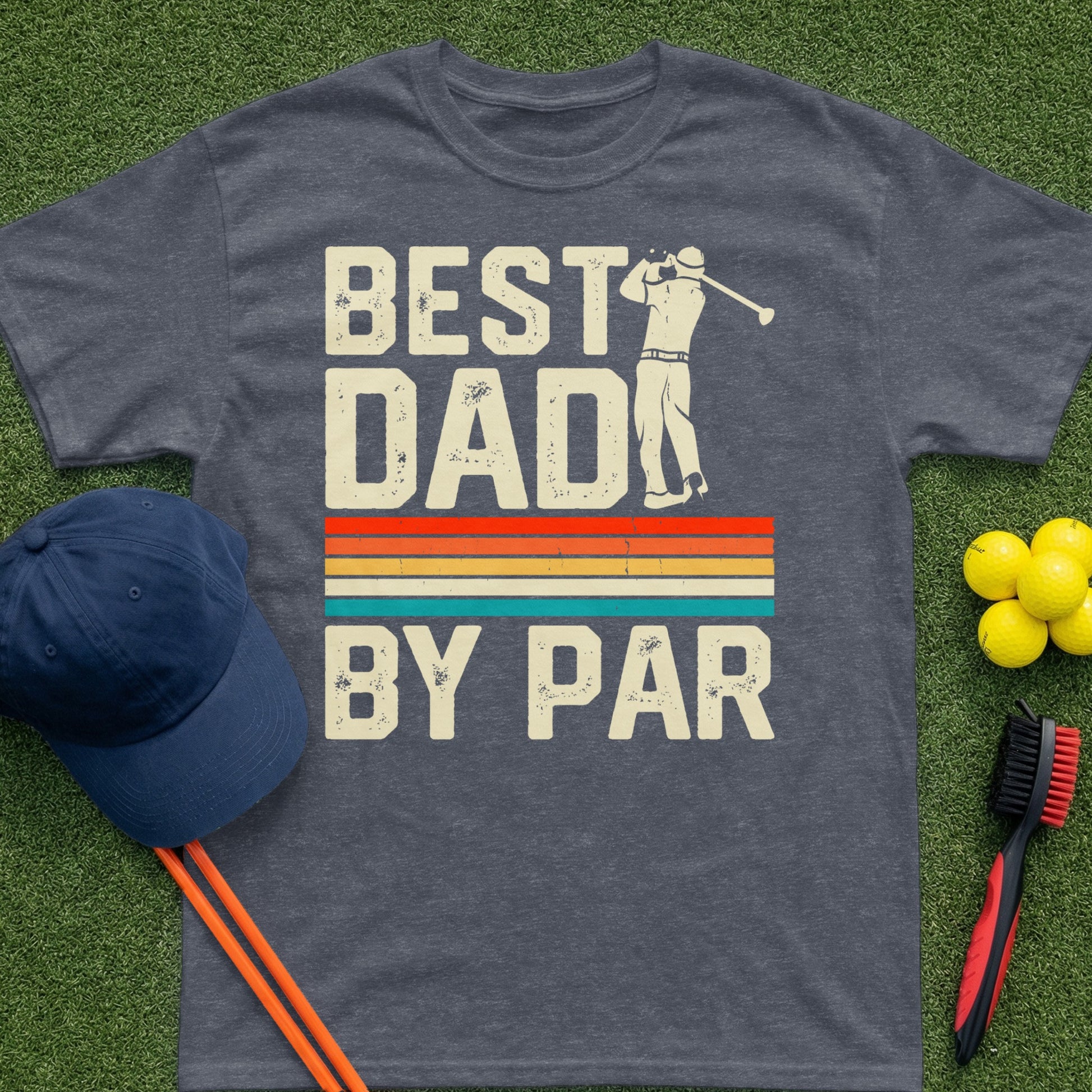Dark grey t-shirt with "BEST DAD BY PAR" text and golf imagery.