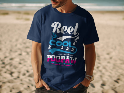Navy t-shirt with "Reel Cool Poopaw" text and ocean wave graphics.