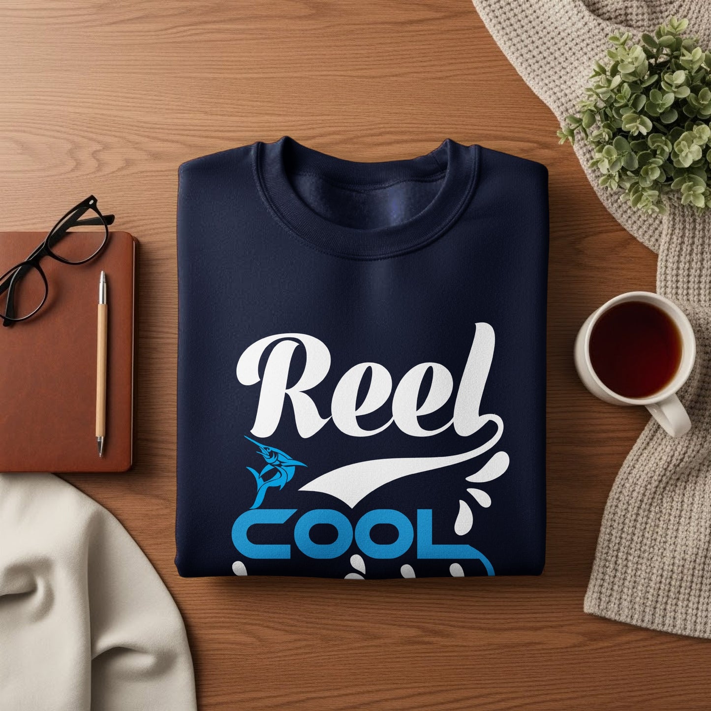 Navy sweatshirt with "Reel Cool" text and fish graphic.