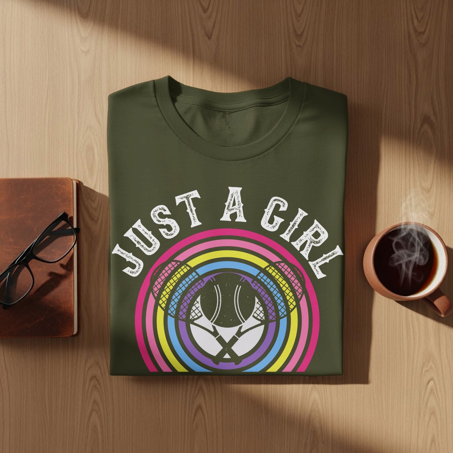 Olive green t-shirt with "Just a Girl" text and tennis rackets graphic.