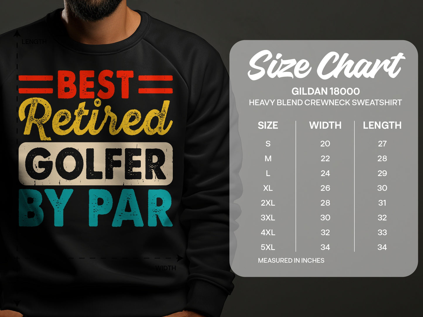 Gildan 18000 sweatshirt size chart showing measurements in inches.