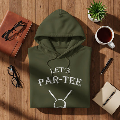 Olive green hoodie with "Let's Par-Tee" and crossed golf clubs design.