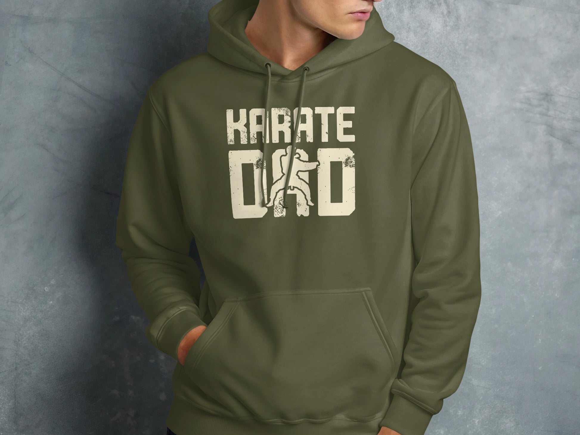 Olive green hoodie with distressed "KARATE DAD" text and graphic.