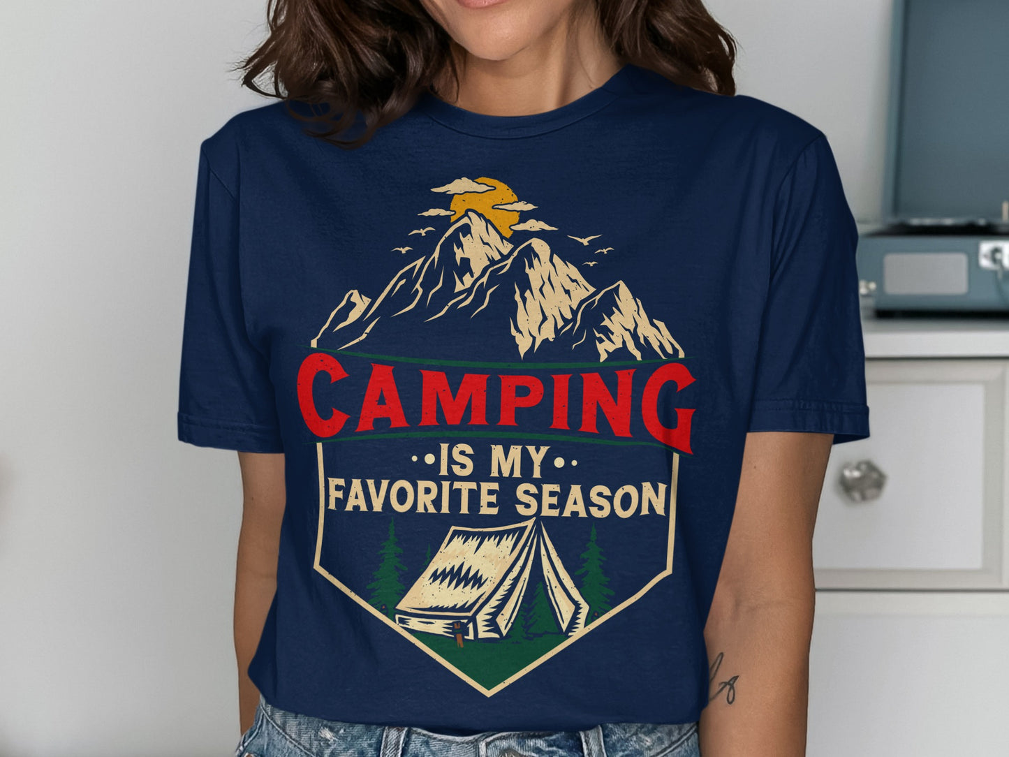 Camping is my favorite season graphic on navy t-shirt.