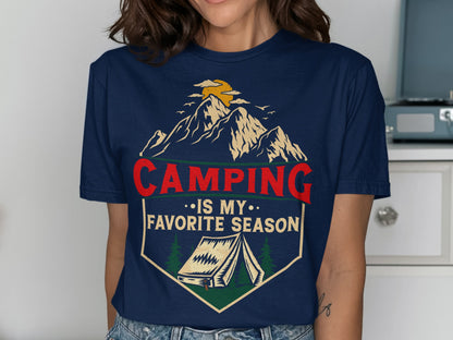 Camping is my favorite season graphic on navy t-shirt.