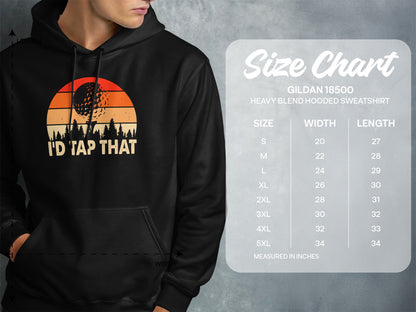 Gildan 18500 sweatshirt size chart with golf graphic and text "I'd Tap That".