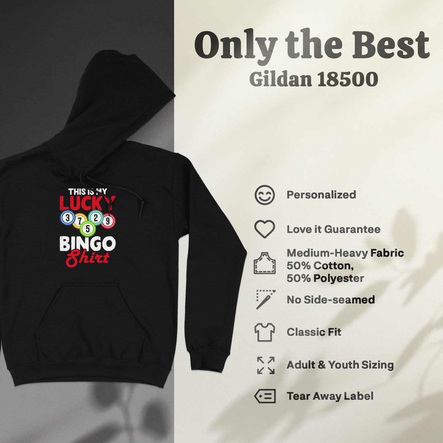 Black Gildan 18500 hoodie with "Lucky Bingo Shirt" graphic.