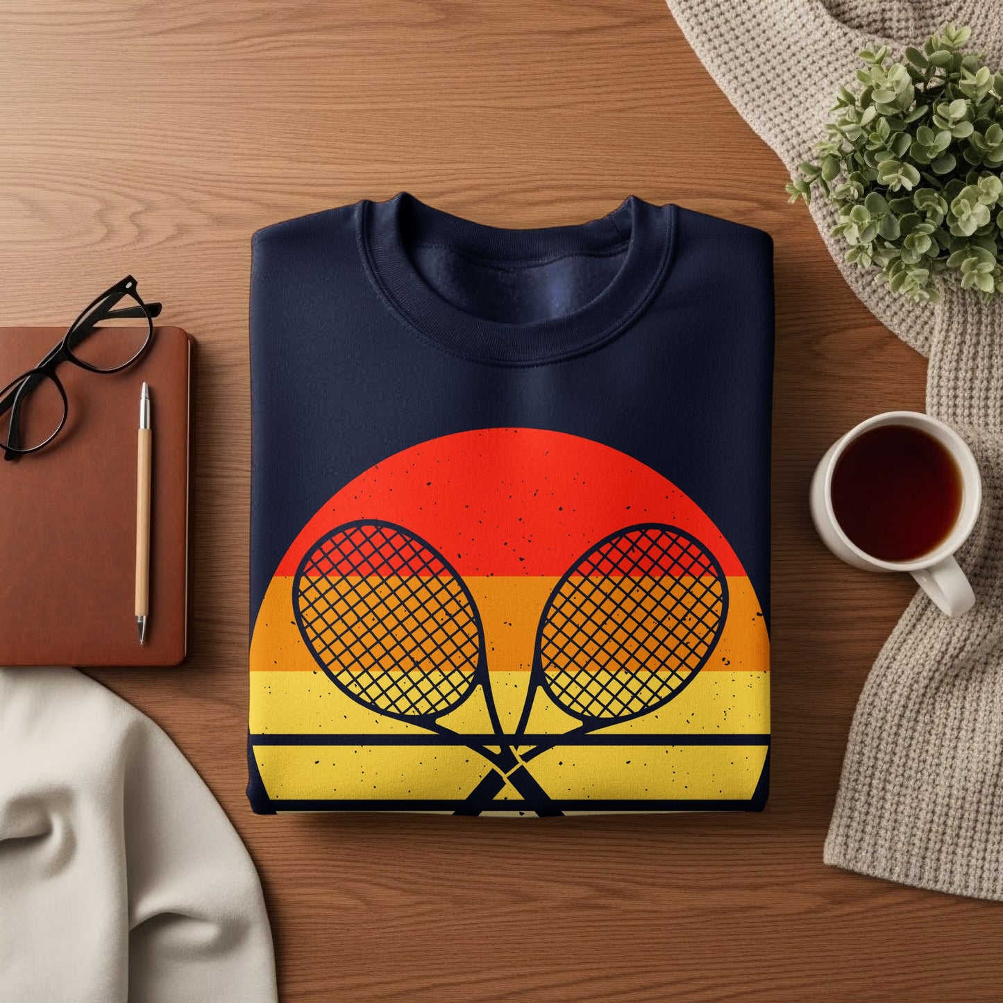 Navy sweatshirt with crossed tennis rackets on a sunset graphic.