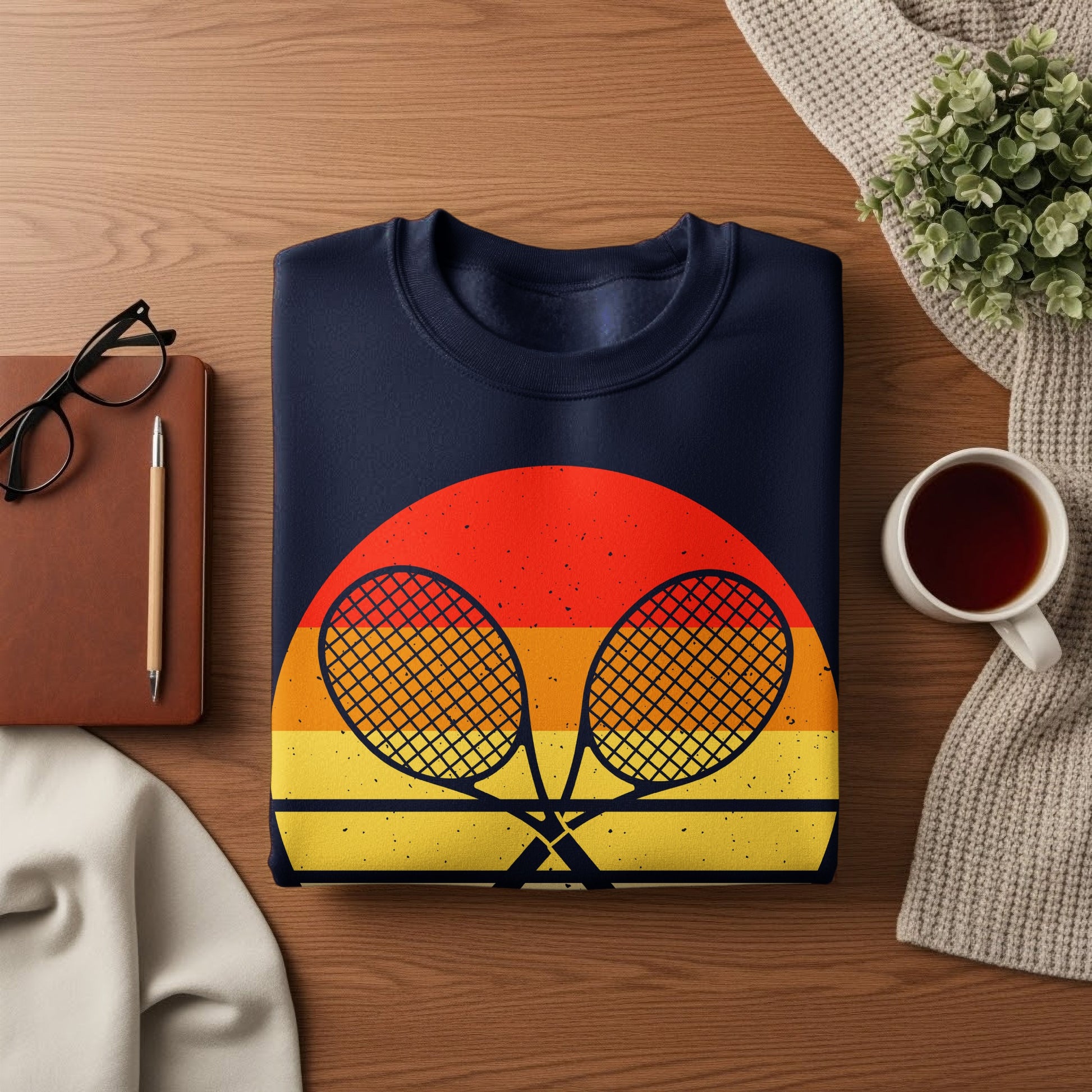 Navy sweatshirt with crossed tennis rackets on a sunset graphic.