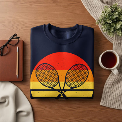 Navy sweatshirt with crossed tennis rackets on a sunset graphic.