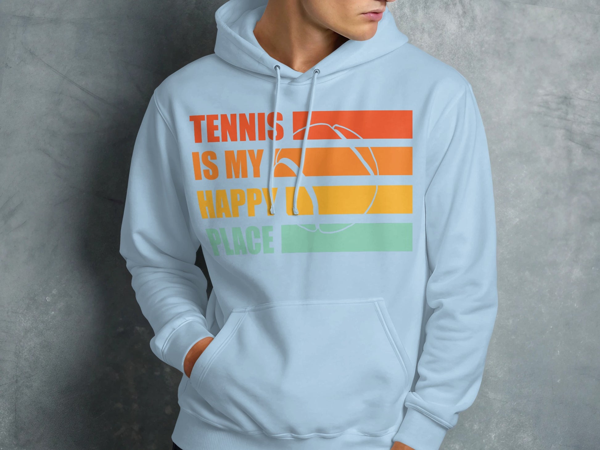 Light blue hoodie with "Tennis is My Happy Place" text and tennis ball graphic.