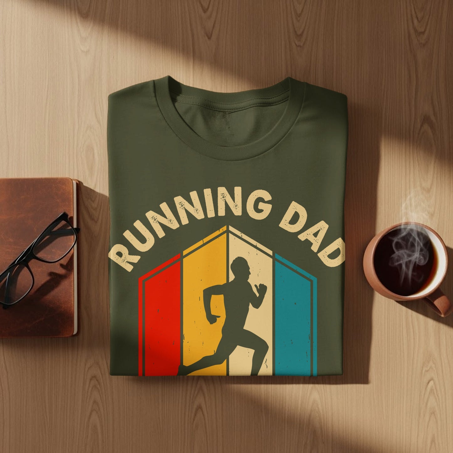 Green t-shirt with "Running Dad" text and runner silhouette graphic.
