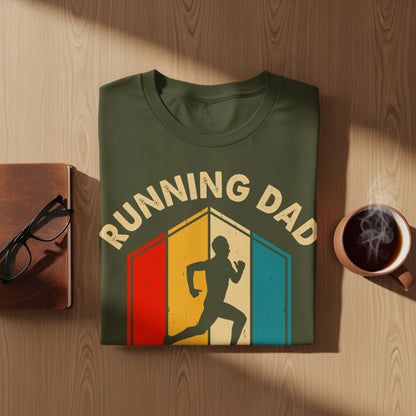 Green t-shirt with "Running Dad" text and runner silhouette graphic.
